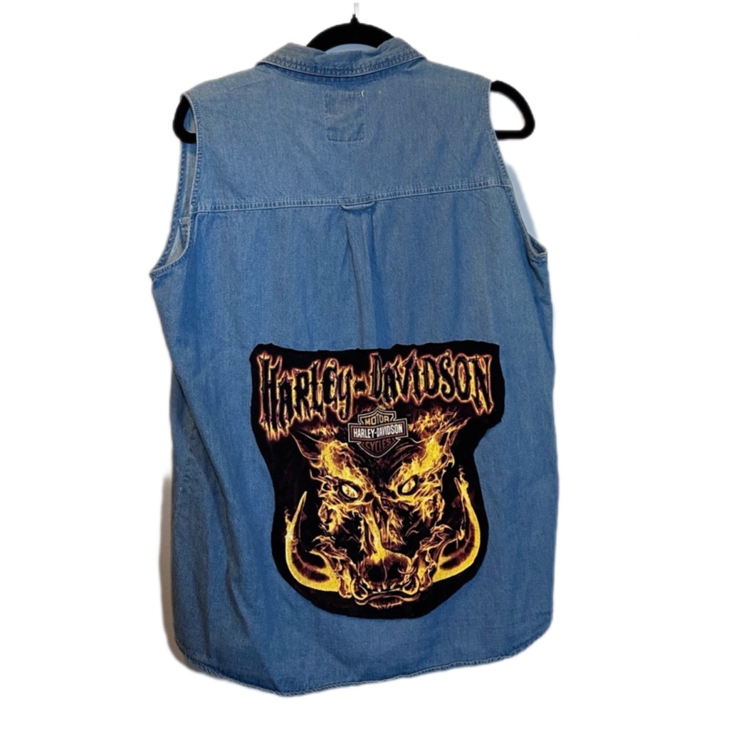 Harley Davison Up Cycle Hog Flames Button Up Women No Sleeves Button Up Shirt